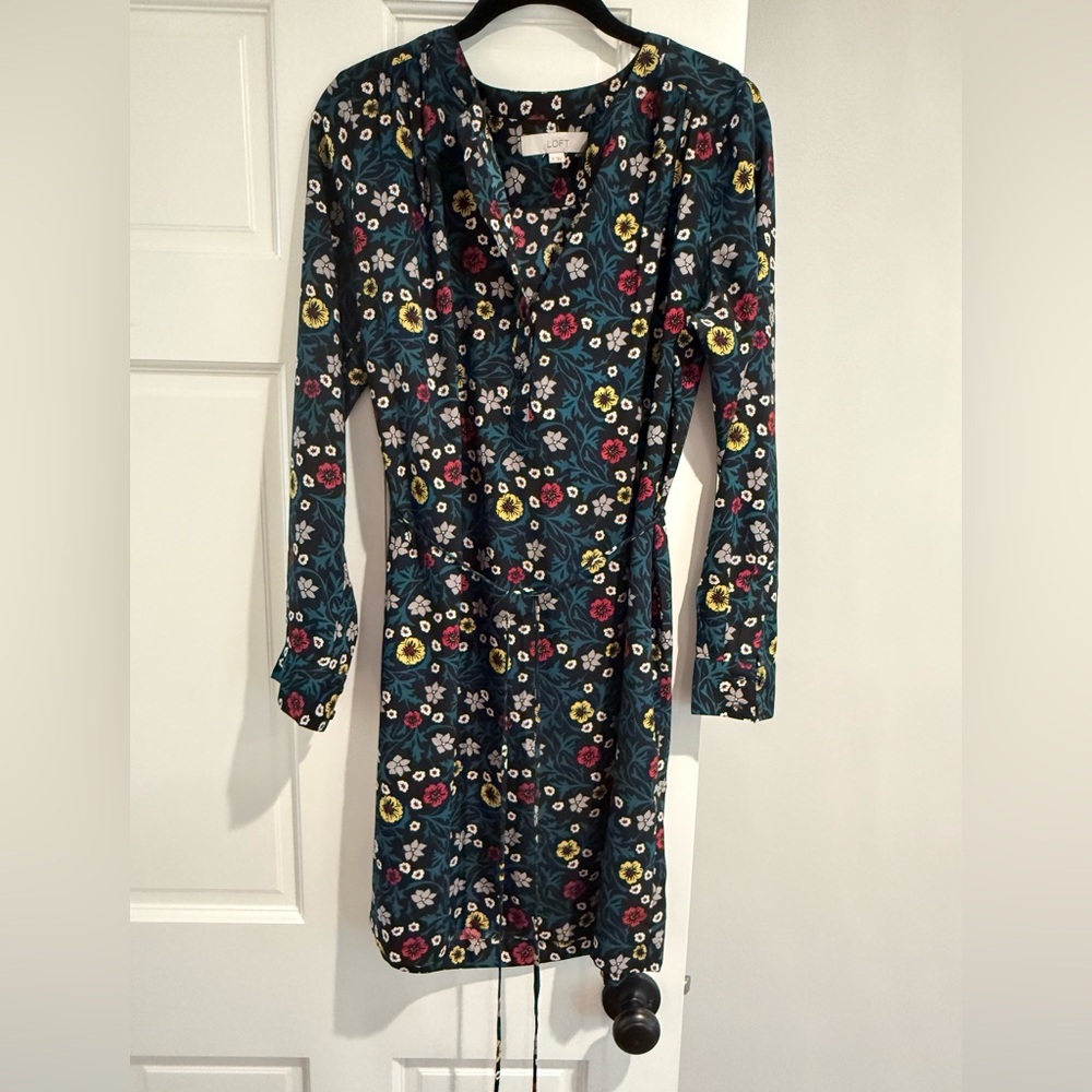 LOFT Dark Teal Floral Long Sleeve Dress